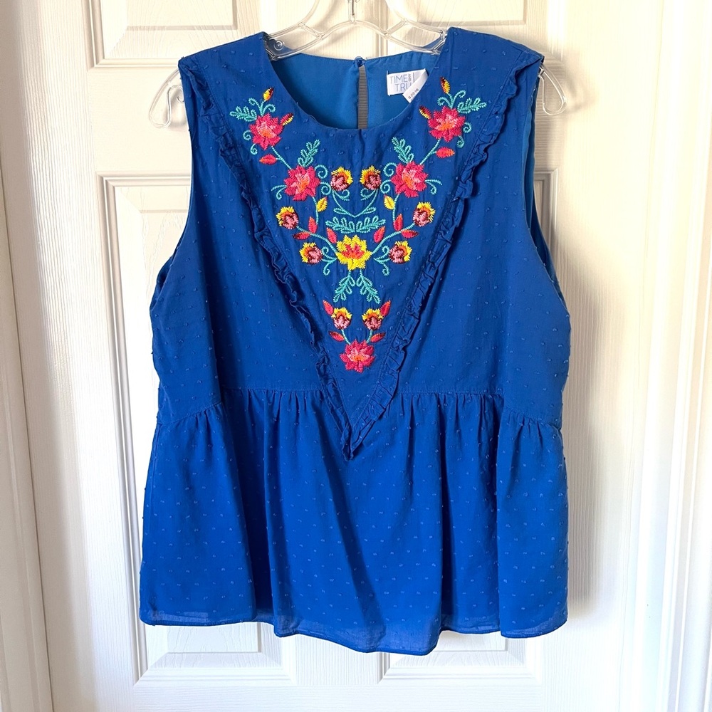 Time and Tru Royal Blue Floral Embroidered Blouse